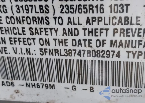 2007 Honda Odyssey Ex-L z USA, uszkodzony, nr VIN 5FNRL38747B082974